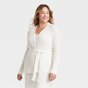 Ava & Viv Women's Belted Knit Cardigan White Long Sleeve 2X